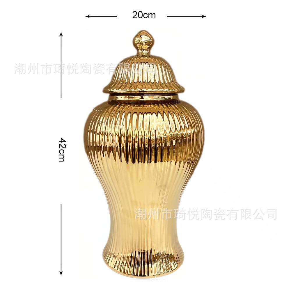 欧式轻奢金色银色电镀竖条纹花瓶陶瓷摆件高档家居装饰品摆设品