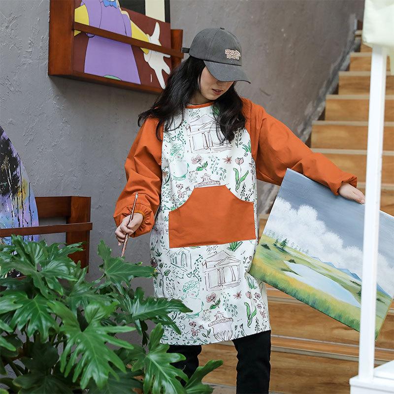 新款大号全身罩衣棉质防泼水宽松厨房家用画室棉麻透气有袖围裙