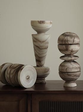 栗石侘寂风实木抽象几何艺术摆件复古创意碳化木样板间装饰品摆设