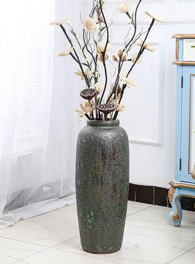 热销中式陶瓷落地大花瓶复古插花旧粗陶罐客厅别墅做器干花仿真花