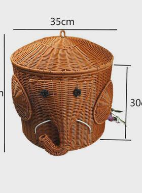 m09藤编创意大象收纳筐手工编织家居带盖大容量脏衣篓大象储物箱