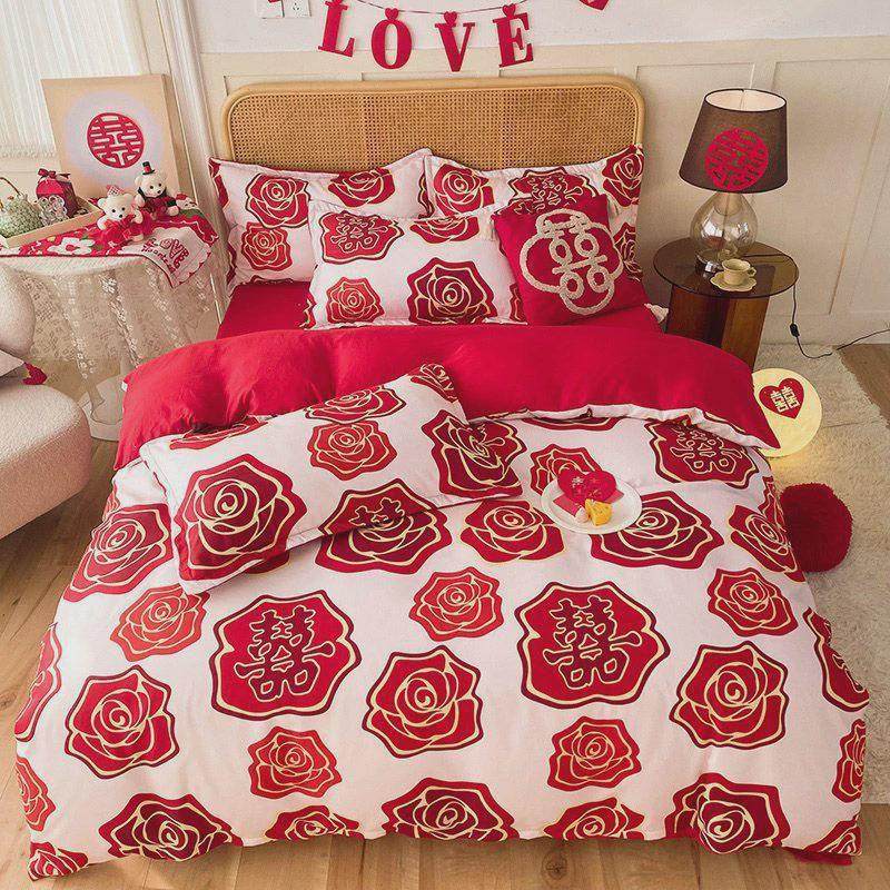 新婚四件套床单被套斜纹磨毛四季结婚大红色婚庆用品三件套纯色,床上用品,婚庆床品套件,淘宝优惠券,粉丝福利购,淘宝优惠卷