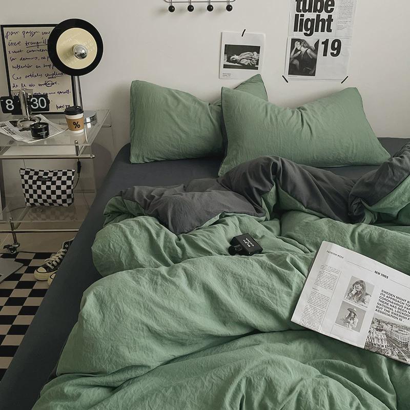 ins水洗棉四件套纯色床单被套亲肤棉单人宿舍三件套床笠款床品