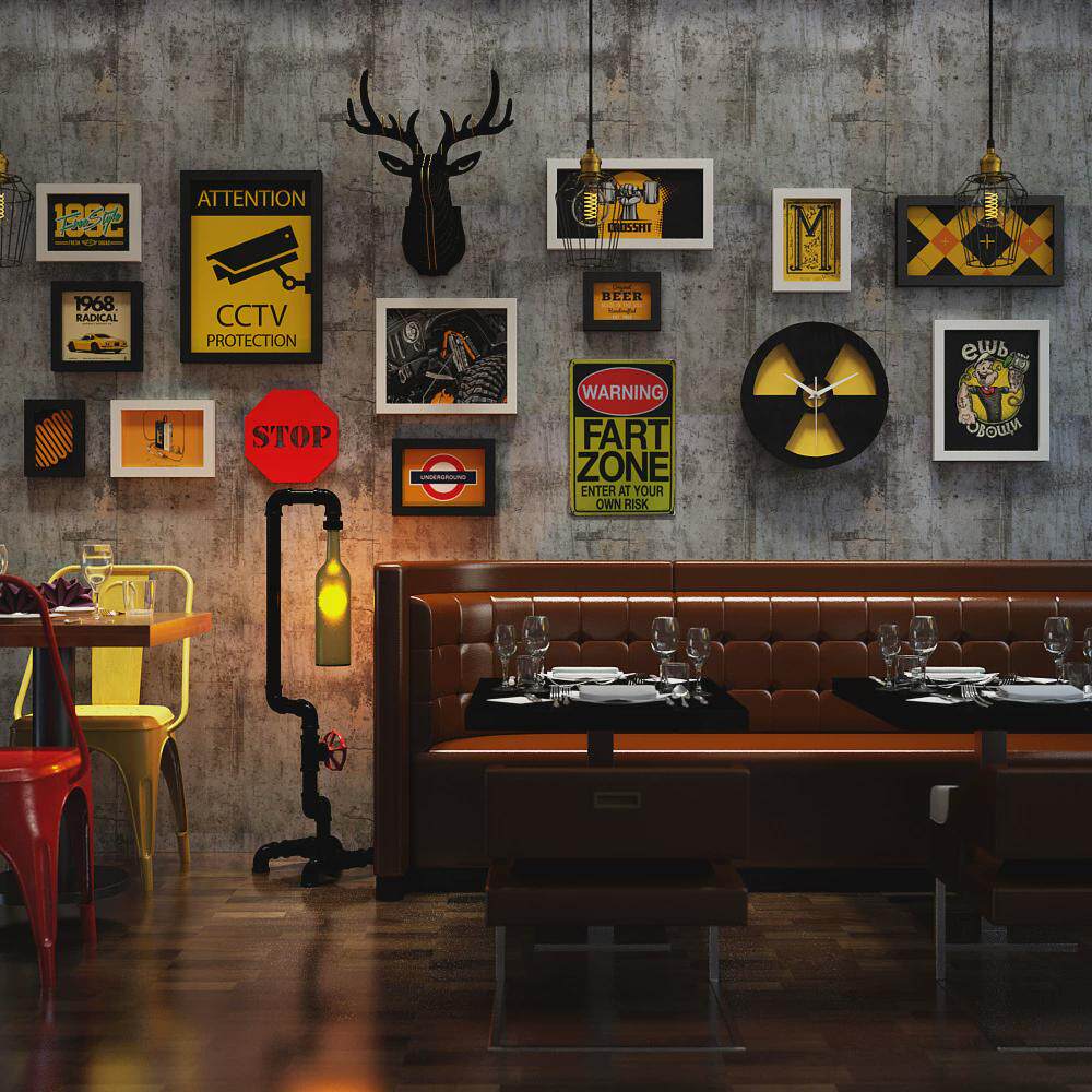 组合_3384_后现代照片墙混搭高分子相框工业风装饰画真钟表相片