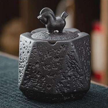 粗陶大号陶瓷烟灰缸家居摆件防灰带盖家用客厅办公室复古鎏金烟缸