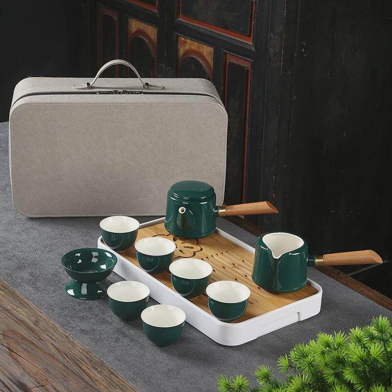 霁蓝双侧把壶旅行茶具套装茶盘便携茶壶家用户外办公节日礼品