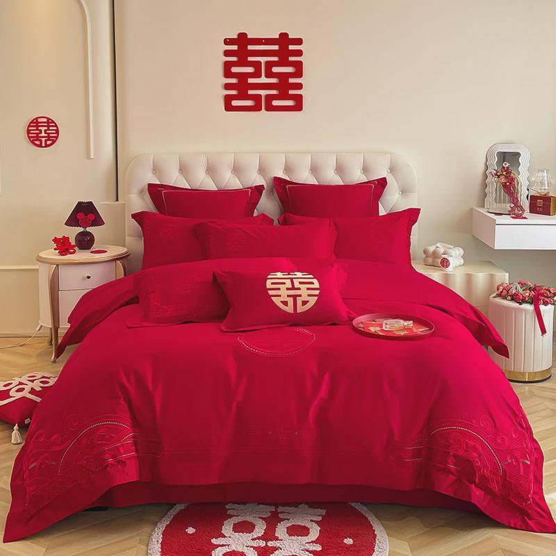 高档龙凤刺绣结婚四件套大红色床单被套棉磨毛婚庆喜被床上用品