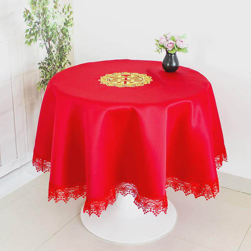 s588茶几喜庆结婚圆形桌布蕾丝餐桌布红色盖巾长方形饭桌布刺绣防