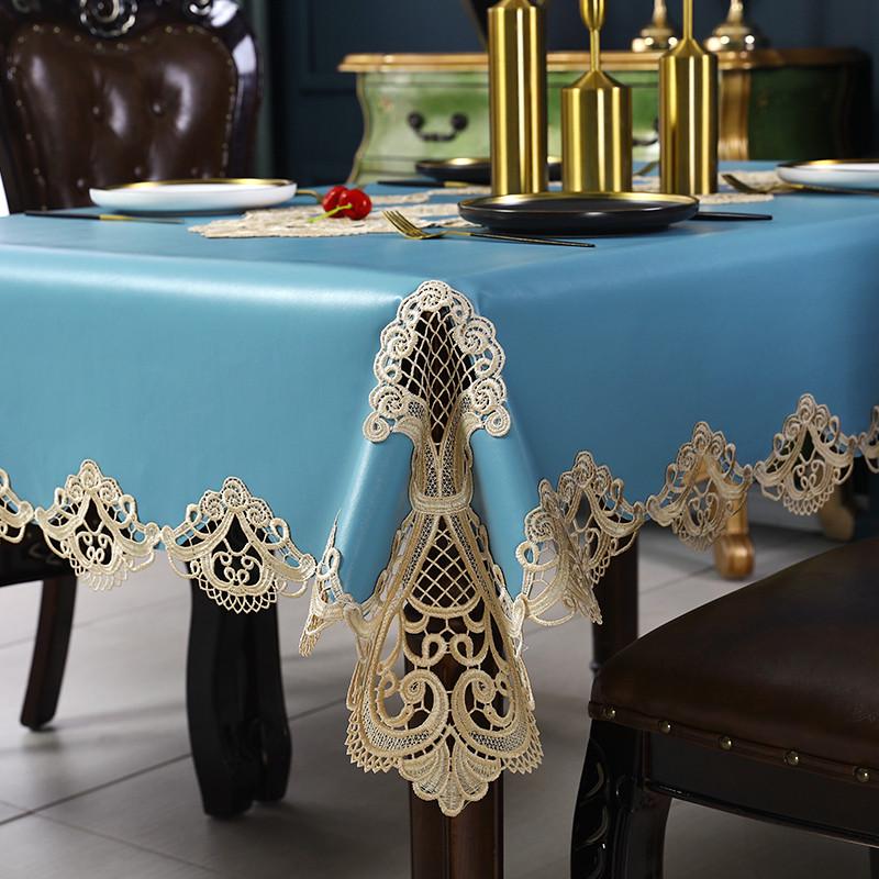 9wor欧式皮革餐桌布茶几桌布纯色防水防油免洗长方形桌垫蕾丝