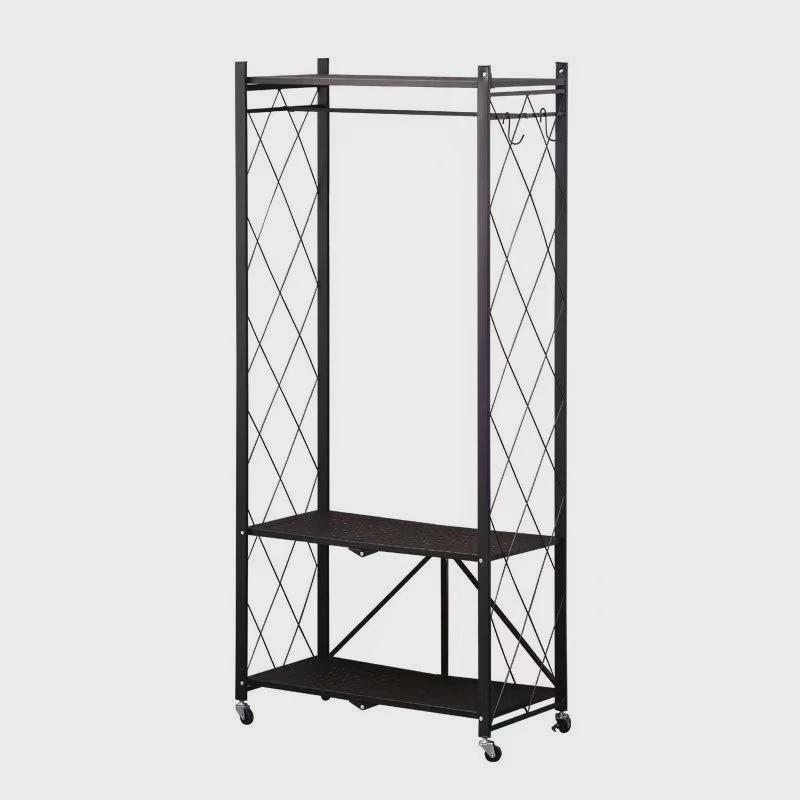 家用衣帽架更衣室落地式碳钢带滚轮可折叠晾衣架单杆两层挂衣架