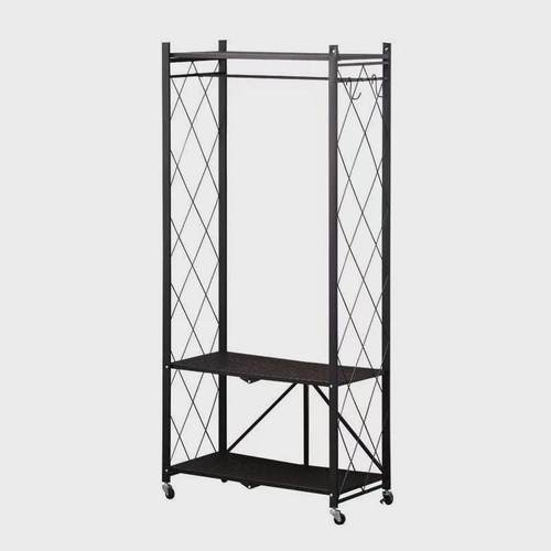 家用可折叠衣帽架落地式碳钢带滚轮更衣室晾衣架单杆两层挂衣架