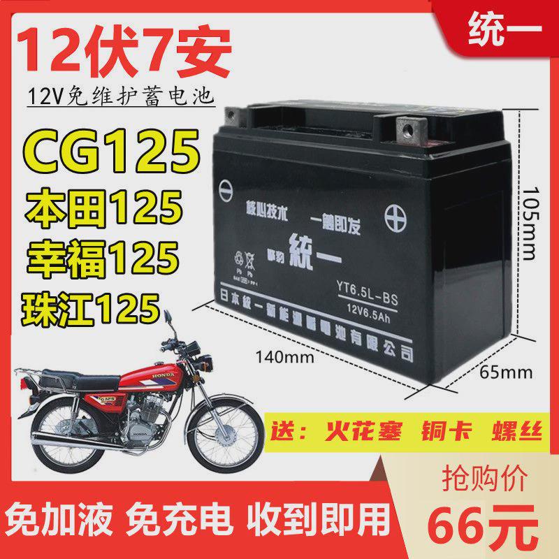 适用本田CG125珠江幸福125男士摩托车擎豹统一免维护电池12V6.5A