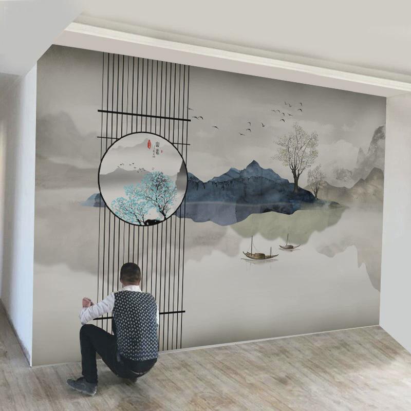现代新中式壁画山水意境墙纸背景墙布江南风景客厅卧室书房3d壁纸