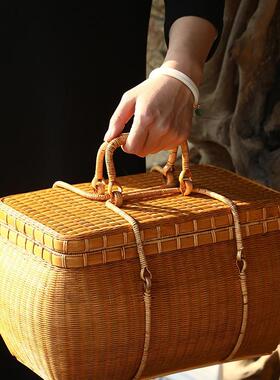 手工竹编夏梦大漆茶具收纳箱 竹编手提包便携出行 茶人竹筐大号