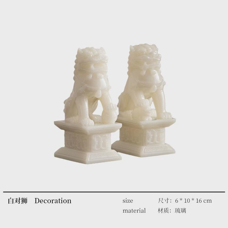 左顾新中式金属玻璃罩玉石狮子麒麟摆件书房软装桌面电视柜饰品