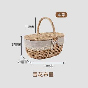 手工编织椭圆形柳条野餐篮露营篮子烧烤带盖手提收纳大号柳条出游