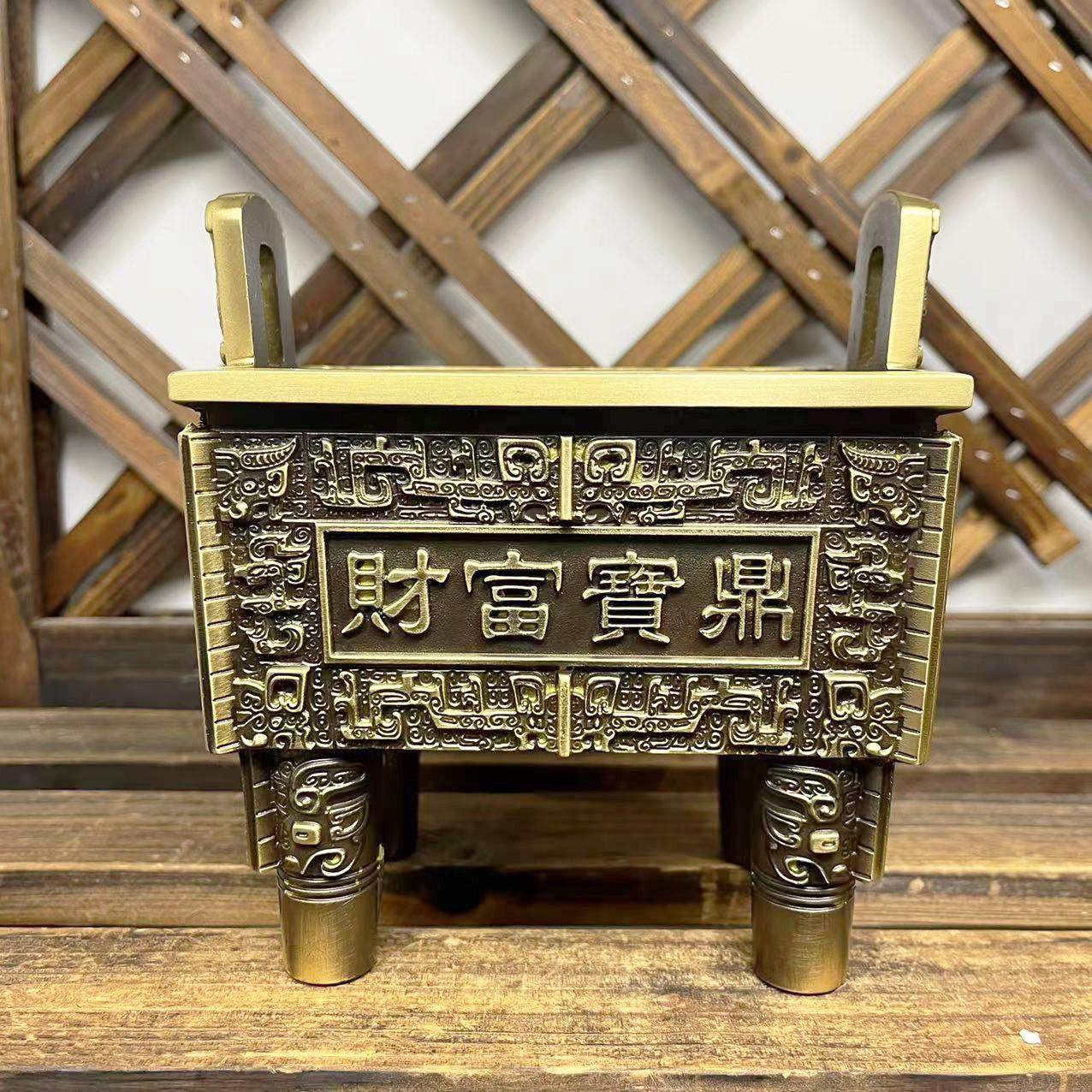 铜鼎摆件纯黄铜盛鼎四方鼎宝鼎盛千秋黄铜鼎式香炉家居办公室摆件