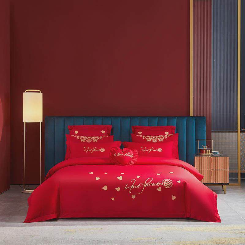 婚庆刺绣被套大红喜被床上用品结婚四件套新婚床品婚礼粉玉六件套