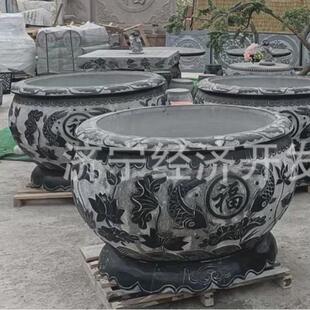 青石水缸圆形鱼缸仿古圆缸中式庭院养鱼水缸石缸石雕荷花鱼缸