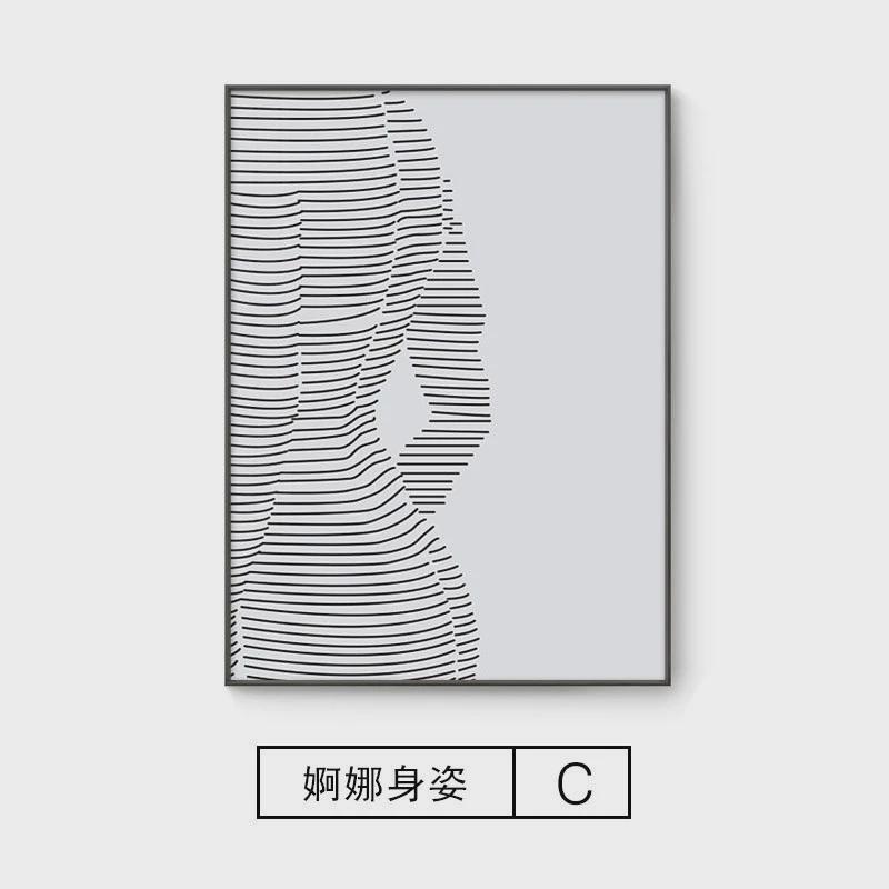 线条壁画客厅挂画现代简约卧室床头画抽象黑白北欧装饰画风格壁画