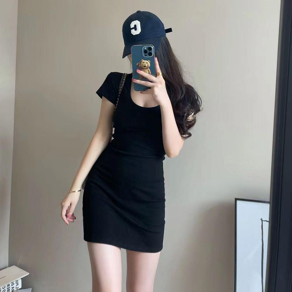 黑色U领短袖t恤连衣裙女夏季小个子修身性感辣妹包臀裙子纯欲短裙