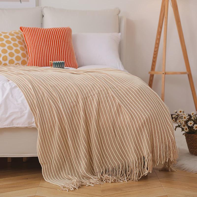 si6k现代简约条纹装饰毯酒店休闲毯流苏时尚民宿抱枕搭毯床尾巾床