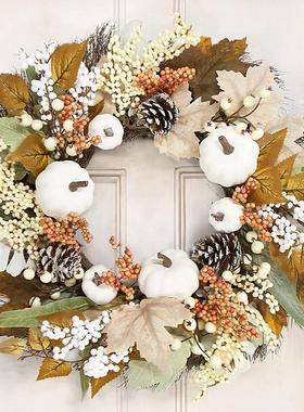 纵松果秋色感恩节棉花枫叶鸿花圈花环白色枫叶南瓜装饰品壁挂门饰