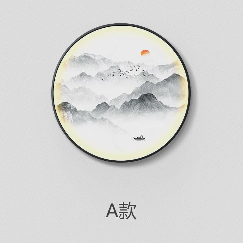 壁画带灯灯画入门圆形发光新中式玄关装饰画走廊过道水墨禅意挂画
