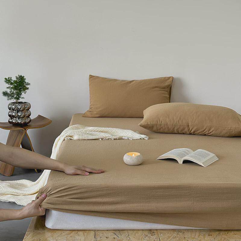 ins风纱纯色全棉双层皱皱裸睡单床笠床罩席梦思床垫保护套用品夏