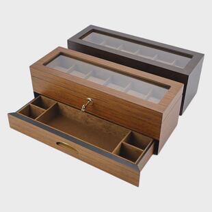 热销清煜高级柚木纹双层首饰收纳盒带锁多功能6表位黑胡桃喷漆盒