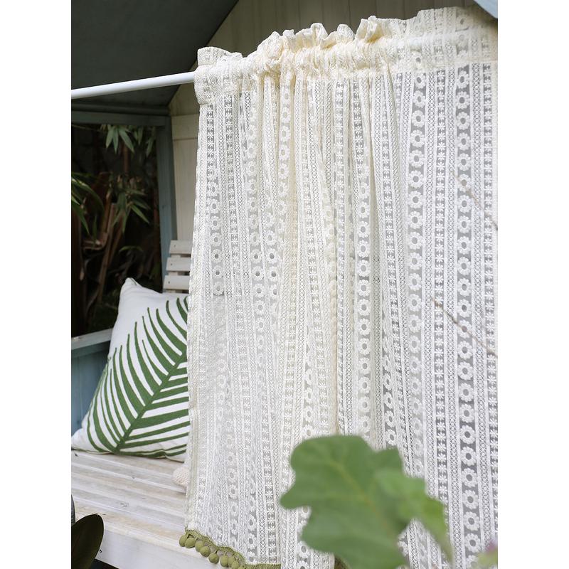 蕾丝毛球文艺ins风北欧穿杆柜门帘半帘帘头短帘免打孔帘