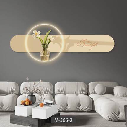 奶油风温馨客厅沙发背景墙装饰画led灯小清新植物亚克力餐厅光画