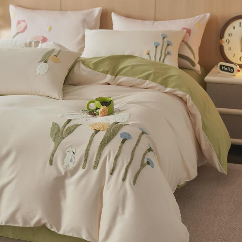 舒尊客||纯棉100s小清新贴布全棉磨毛长绒棉绣四件套礼品被套床单