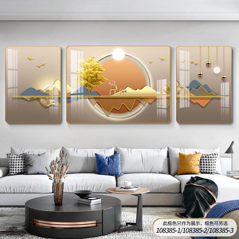 新中式壁画大气山水画沙发背景墙挂画麋鹿生辉轻奢客厅装饰画