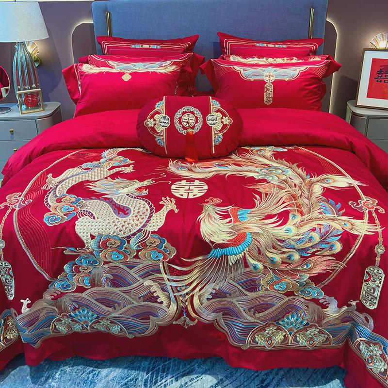 bc10龙凤婚庆家纺结刺绣四件套全棉纯棉中式新婚房陪嫁妆床上用品
