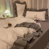 kbq1韩式 ins浅蓝色大花边被套床单床裙四件套小清新公主风宿舍三