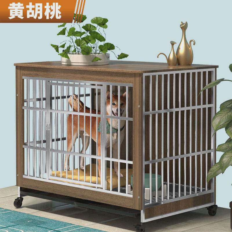 不锈钢狗笼子木质家用室内大型犬带厕所小中型犬宠物金毛拉布拉多