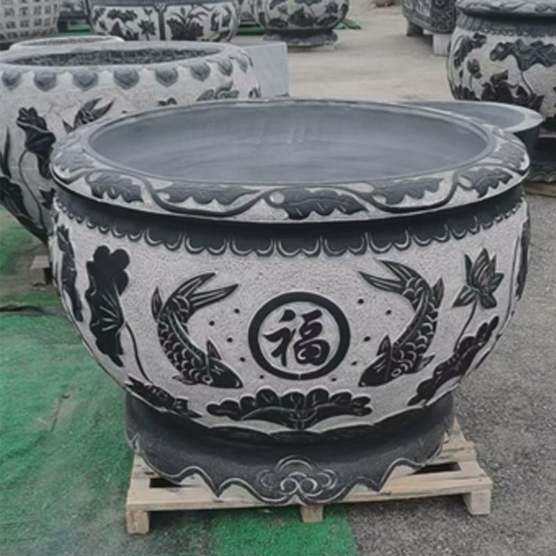 石雕鱼缸青石仿古福字花盆水缸荷花养鱼大理石别墅庭院摆件