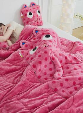 A947加厚兔绒多巴胺怪兽毛绒抱枕被子两用折叠车上办公室沙发午休