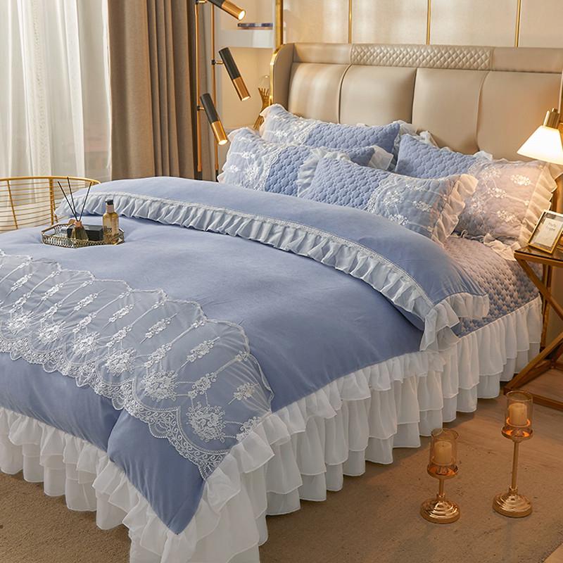 71tx韩版公主风夹棉绗缝床盖四件套款纯白色花边被套四季通用床上