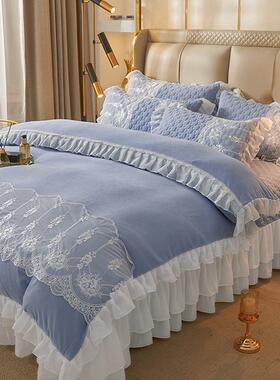 inc0韩版公主风夹棉绗缝床盖款四季通用纯白色花边被套四件套床上