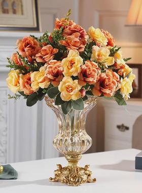 办公高档玻璃花瓶真花假花插花器欧式酒店玄关摆件装饰品时尚复古