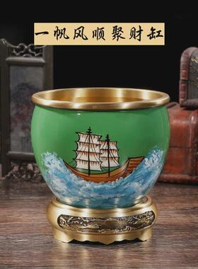 纯黄铜百福缸米缸办公室百福聚宝盆聚财招财彩绘桌面饰品摆件批发