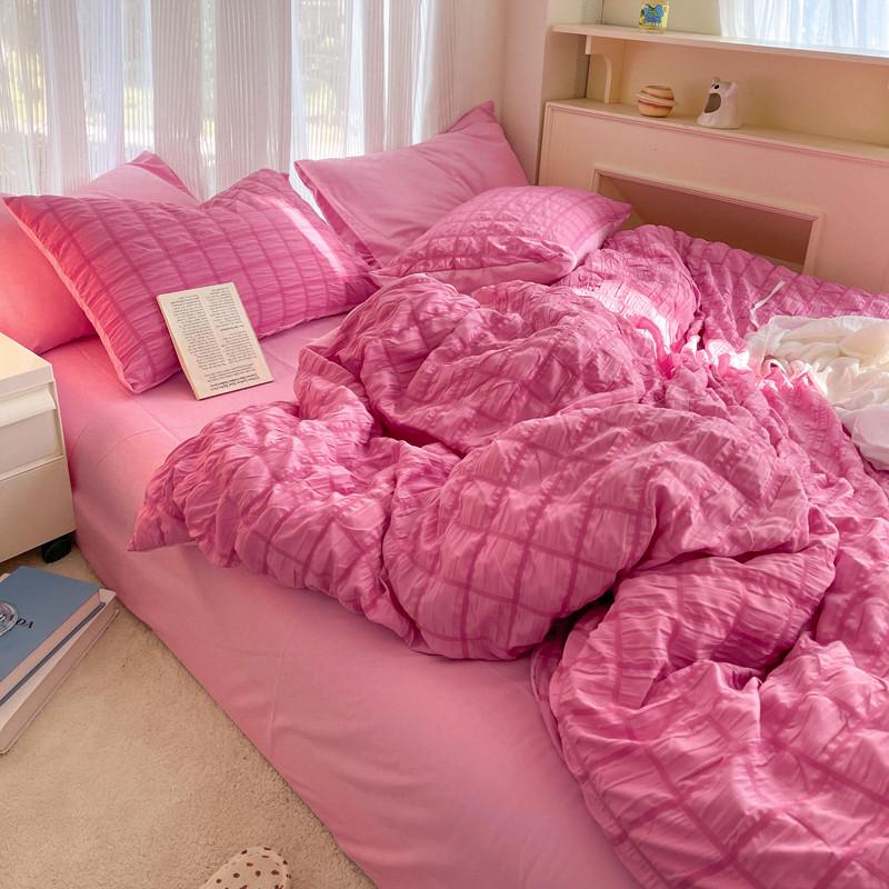 3ew1床单学生宿舍水洗棉床上四件套ins风韩式少女心被套泡泡纱三