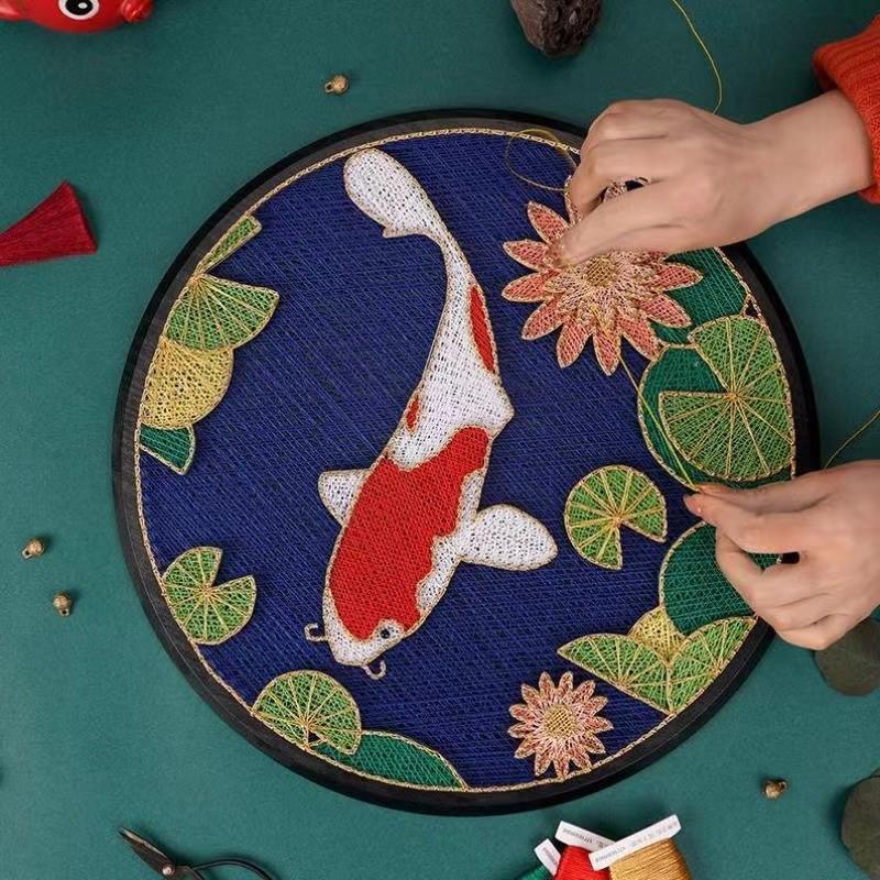 好运锦鲤 手工钉子绕线画diy制作新年送长辈礼物创意新中式装饰画