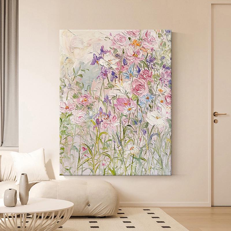 抽象奶油风纯手绘油画彩色花卉玄关肌理感挂画大幅法式客厅装饰画图片