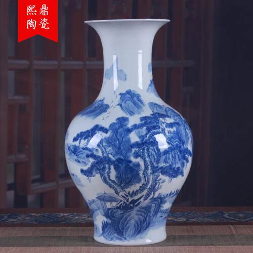 景德镇陶瓷器花瓶仿古青花新中式灯笼瓶山水家居饰品电视柜摆件