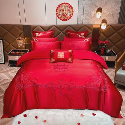 60s支长绒棉婚庆四件套六件套大红纯棉贡缎绣花床上用品全棉结婚