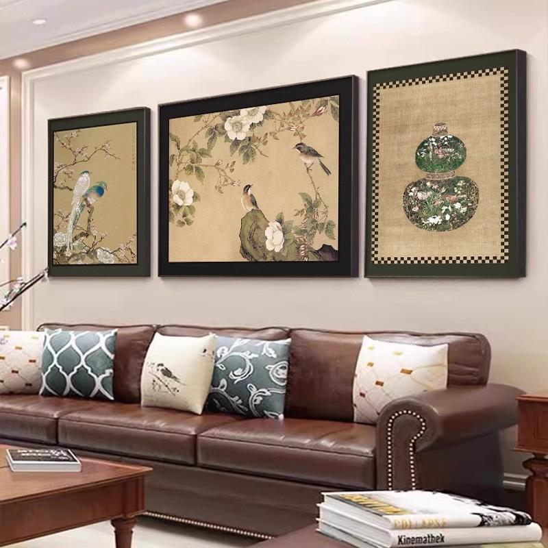 金钱豹寓意法式大气中古风客厅装饰画沙发背景墙挂画新中式三联画