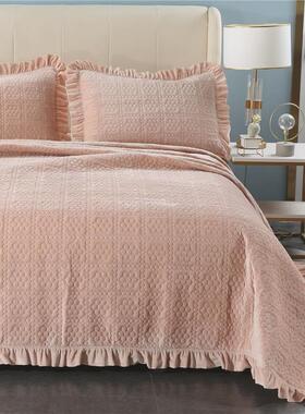 9wor绣花绒面欧式绗缝被纯棉床盖三件套素色床罩出口外单ab版衍缝